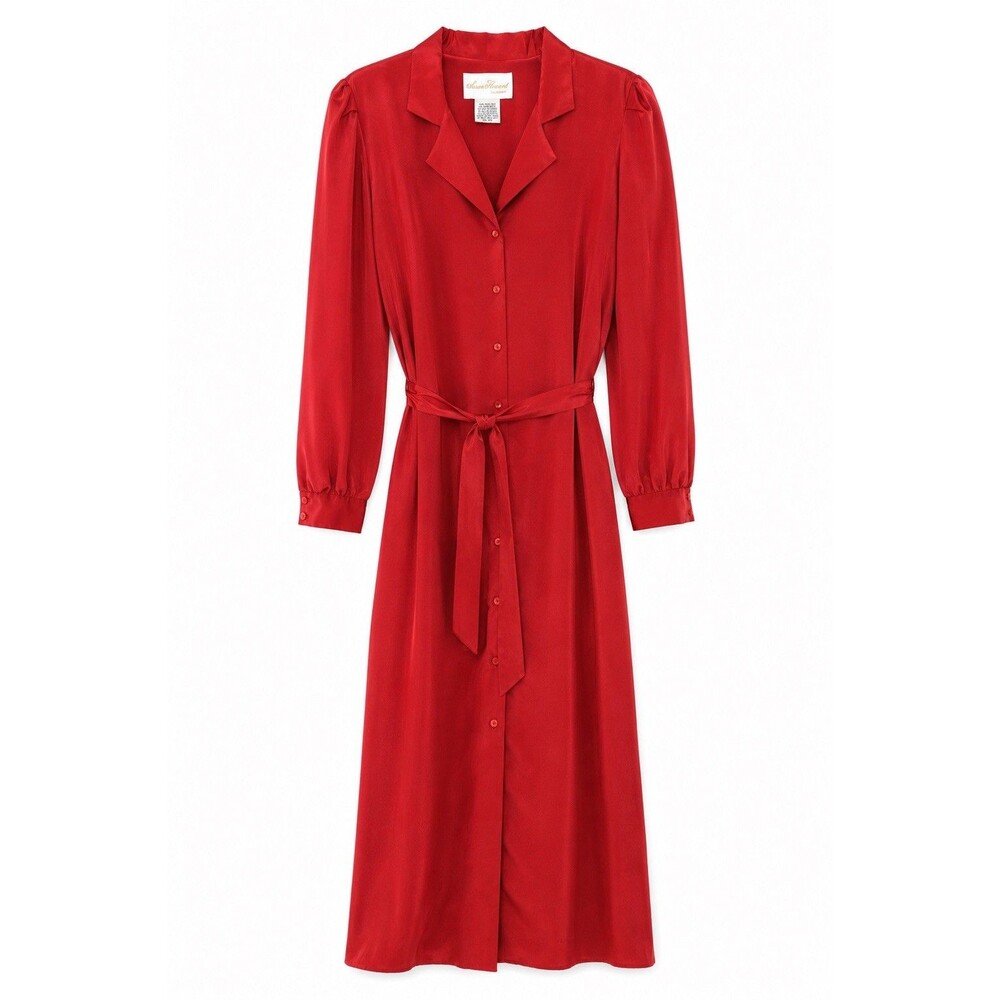 Vintage Susan Howard Dress Women's Large Red Satin Belted Shirt Midi 80s NWOT